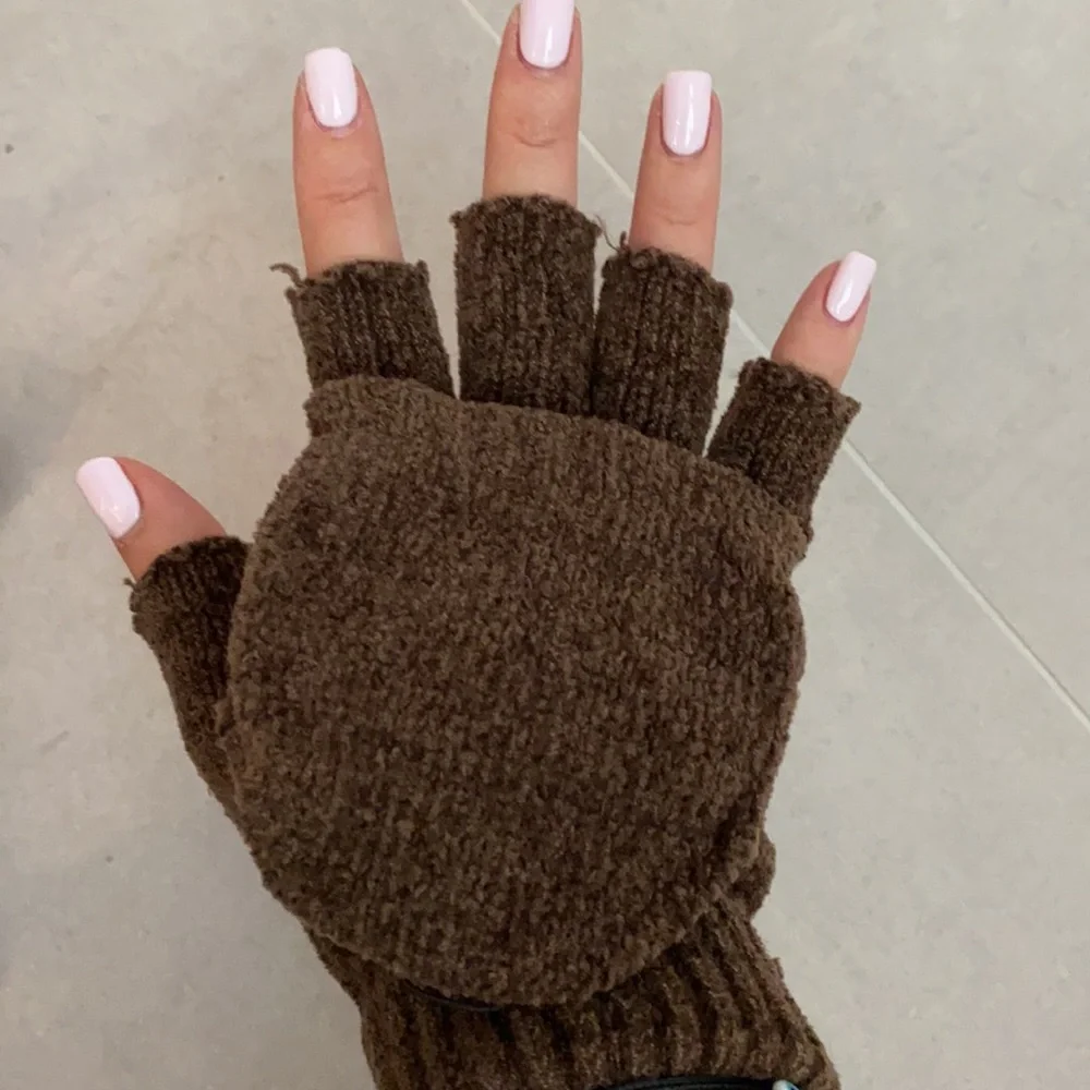 Women men Unisex Brown knit winter mittens gloves multi use covered fingers